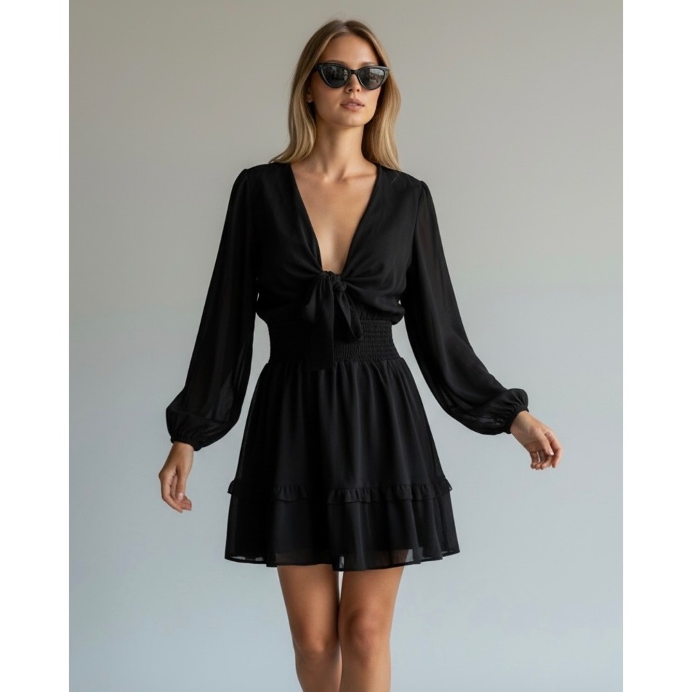 NEW Vici Black Tie Front Smocked Waist Ruffle Mini Dress Size Large LBD Boho‎